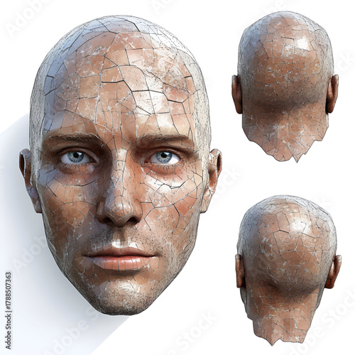 Cracked human head sculpture showing damage and fragility rendered in 3D
