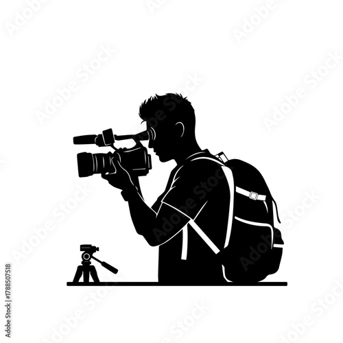 Silhouette of a cameraman with a backpack filming with a professional video camera and tripod, illustration