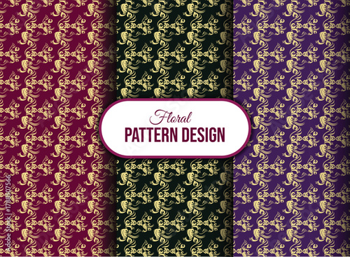 Elegant vintage floral ornamental seamless patterns in red, green, purple.