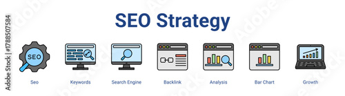 Seo Strategy web icon vector illustration concept with icon of Seo, Keywords, Search Engine, Backlink, Analysis, Bar Chart, Growth,in modern flat vector style.