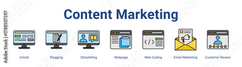 Content Marketing web icon vector illustration concept with icon of Article, Blogging, Storytelling, Webpage, Web Coding, Email Marketing, Customer Review,in modern flat vector style.