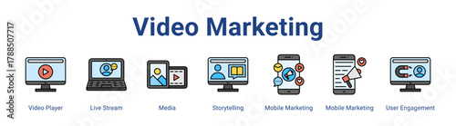 Video Marketing web icon vector illustration concept with icon of Video Player, Live Stream, Media, Storytelling, Mobile Marketing, Mobile Marketing, User Engagement,in modern flat vector style.