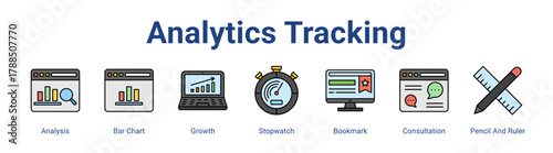 Analytics Tracking web icon vector illustration concept with icon of Analysis, Bar Chart, Growth, Stopwatch, Bookmark, Consultation, Pencil And Ruler,in modern flat vector style.