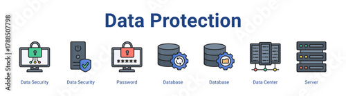 Data Protection web icon vector illustration concept with icon of Data Security, Data Security, Password, Database, Database, Data Center, Server,in modern flat vector style.