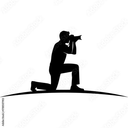 Dynamic silhouette of a photographer in a kneeling position, capturing a moment with a professional camera, representing the concept of visual storytelling and dedicated creative capture