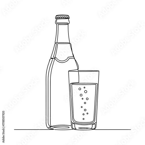 Sparkling water bottle with glass filled on a simple background  
