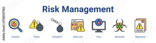 Risk Management web icon vector illustration concept with icon of Disaster, Threat, Disruption, Data Loss, Virus, Biohazard, Regulatory,in modern flat vector style.