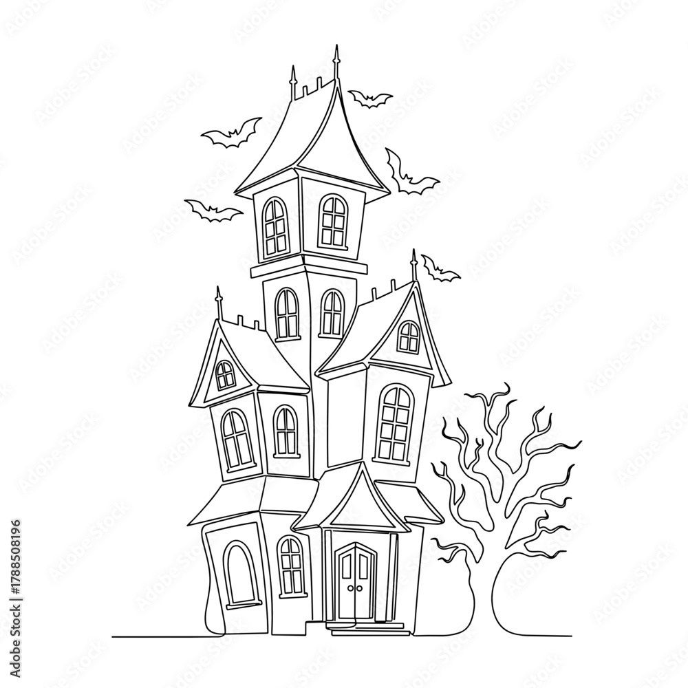 Obraz premium Haunted house illustration with bats and bare tree in Halloween style 