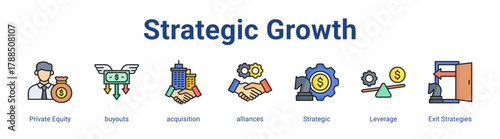 Strategic Growth web icon vector illustration concept with icon of Private Equity, buyouts, acquisition, alliances, Strategic, Leverage, Exit Strategies,in modern flat vector style.