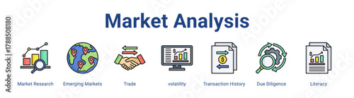 Market Analysis web icon vector illustration concept with icon of Market Research, Emerging Markets, Trade, volatility, Transaction History, Due Diligence, Literacy,in modern flat vector style.