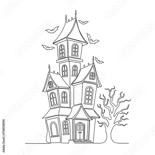 Haunted house illustration with bats and bare tree in Halloween style  