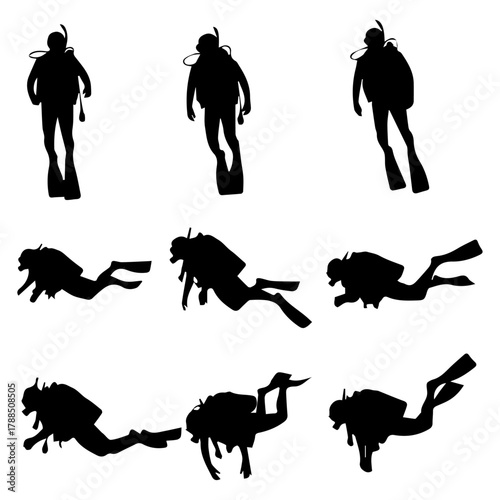 A set of black scuba diver silhouettes in various dynamic poses, including swimming and standing. Vector illustration collection for underwater sports and recreation