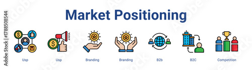 Market Positioning web icon vector illustration concept with icon of Usp, Usp, Branding, Branding, B2b, B2C, Competition,in modern flat vector style.