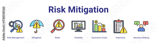 Risk Mitigation web icon vector illustration concept with icon of Risk Management, Mitigation, Risks, Volatility, Economic Crisis, Important, Decision Making,in modern flat vector style.