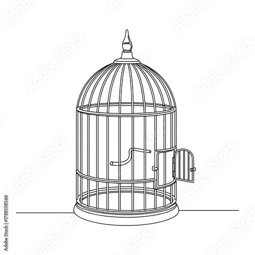 Birdcage in minimalist design with open door on white background  