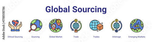 Global Sourcing web icon vector illustration concept with icon of Ethical Sourcing, Sourcing, Global Market, Trade, Trades, Arbitrage, Emerging Markets,in modern flat vector style.