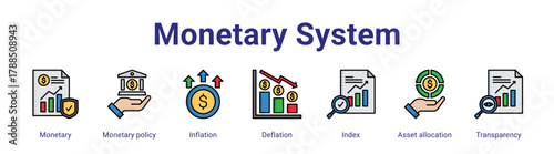 Monetary System web icon vector illustration concept with icon of Monetary, Monetary policy, Inflation, Deflation, Index, Asset allocation, Transparency,in modern flat vector style.