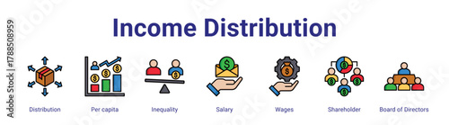 Income Distribution web icon vector illustration concept with icon of Distribution, Per capita, Inequality, Salary, Wages, Shareholder, Board of Directors,in modern flat vector style.