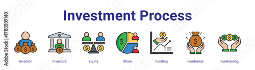 Investment Process web icon vector illustration concept with icon of Investor,Investors,Equity,Share,Funding,Fundraiser,Fundraising,in modern flat vector style.