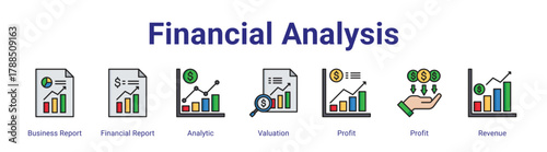 Financial Analysis web icon vector illustration concept with icon of Business Report,Financial Report,Analytic,Valuation,Profit,Profit,Revenue,in modern flat vector style.