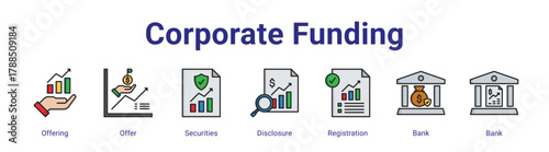 Corporate Funding web icon vector illustration concept with icon of Offering,Offer,Securities,Disclosure,Registration,Bank,Bank,in modern flat vector style.