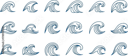 Collection of Navy Blue Line Art Wave Illustrations on Transparent Background