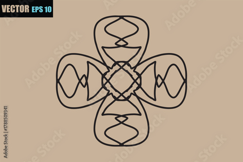 Intricate abstract geometric floral motif in black outline on a textured tan background with vector eps file notation