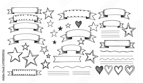 Hand drawn black and white ribbons stars and hearts doodle elements banner