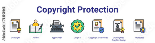 Copyright Protection web icon vector illustration concept with icon of Copyright,Author,Typewriter,Original,Copyright Guidelines,Copyrighted Graphic Design,Protected,in modern flat vector style.