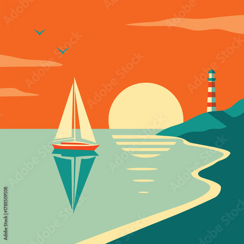 Modern vector artwork representing a calm ocean scene featuring a lighthouse and sailing boat at dusk