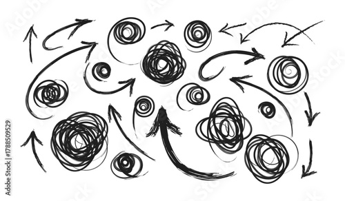 Black hand drawn arrows and scribbled circles on white background vector
