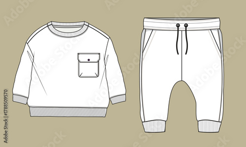 Baby Boys drop shoulder winter terry fleece crew neck sweatshirt with pocket and cuff jogger flat sketch outline vector fashion illustration template.