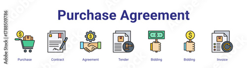 Purchase Agreement web icon vector illustration concept with icon of Purchase,Contract,Agreement,Tender,Bidding,Bidding,Invoice,in modern flat vector style.