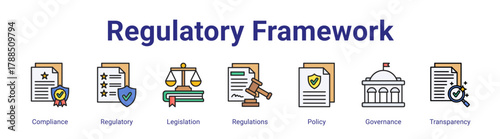 Regulatory Framework web icon vector illustration concept with icon of Compliance,Regulatory,Legislation,Regulations,Policy,Governance,Transparency,in modern flat vector style.