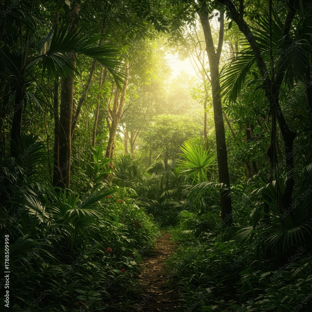 Fototapeta premium Dense, lush tropical jungle environment showcasing vibrant green foliage and biodiversity, illuminated by warm sunlight filtering through the canopy, conservation, summer, humid
