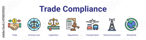 Trade Compliance web icon vector illustration concept with icon of Trade,Antitrust Law,Legislation,Regulations,Transportation,Telecommunication,Worldwide,in modern flat vector style.