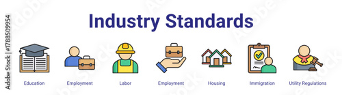 Industry Standards web icon vector illustration concept with icon of Education,Employment,Labor,Employment,Housing,Immigration,Utility Regulations,in modern flat vector style.