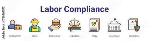 Labor Compliance web icon vector illustration concept with icon of Employment,Labor,Employment,Legislation,Policy,Governance,Compliance,in modern flat vector style.