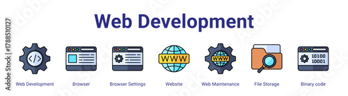 Web Development web icon vector illustration concept with icon of Web Development,Browser,Browser Settings,Website,Web Maintenance,File Storage,Binary code,in modern flat vector style.