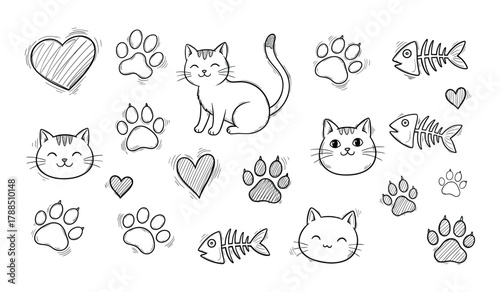 Black and white doodle art of cats paw prints hearts and fish skeletons kitten feline