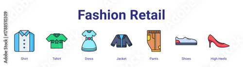 Fashion Retail web icon vector illustration concept with icon of Shirt,Tshirt,Dress,Jacket,Pants,Shoes,High Heels,in modern flat vector style.