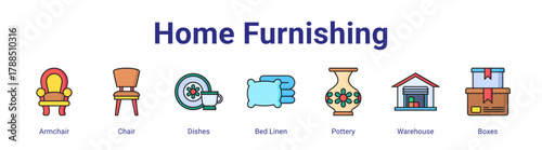 Home Furnishing web icon vector illustration concept with icon of Armchair,Chair,Dishes,Bed Linen,Pottery,Warehouse,Boxes,in modern flat vector style.