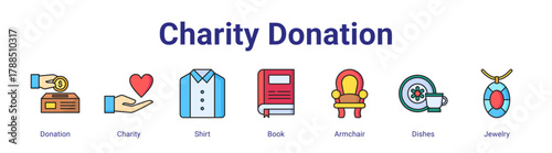 Charity Donation web icon vector illustration concept with icon of Donation,Charity,Shirt,Book,Armchair,Dishes,Jewelry,in modern flat vector style.