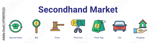 Secondhand Market web icon vector illustration concept with icon of Second Hand,Bid,Price,Price Cut,Price Tag,Car,Property,in modern flat vector style.