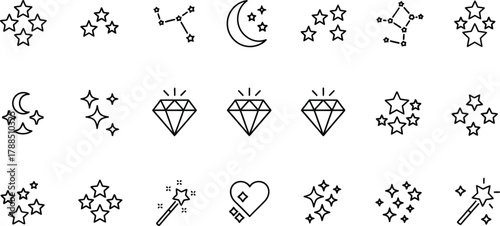 Collection of Outline Star, Moon, Diamond, Magic Wand, Heart Icons on Transparent Background