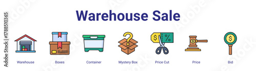 Warehouse Sale web icon vector illustration concept with icon of Warehouse,Boxes,Container,Mystery Box,Price Cut,Price,Bid,in modern flat vector style.