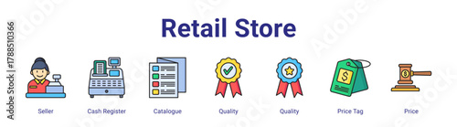 Retail Store web icon vector illustration concept with icon of Seller,Cash Register,Catalogue,Quality,Quality,Price Tag,Price,in modern flat vector style.