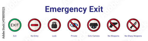 Emergency Exit web icon vector illustration concept with icon of Exit,No Entry,Lock,Private,Cctv Camera,No Weapons,No Sharp Weapons,in modern flat vector style.