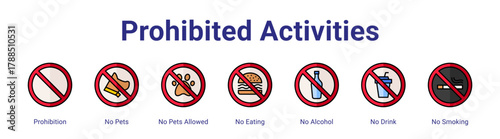 Prohibited Activities web icon vector illustration concept with icon of Prohibition,No Pets,No Pets Allowed,No Eating,No Alcohol,No Drink,No Smoking,in modern flat vector style.