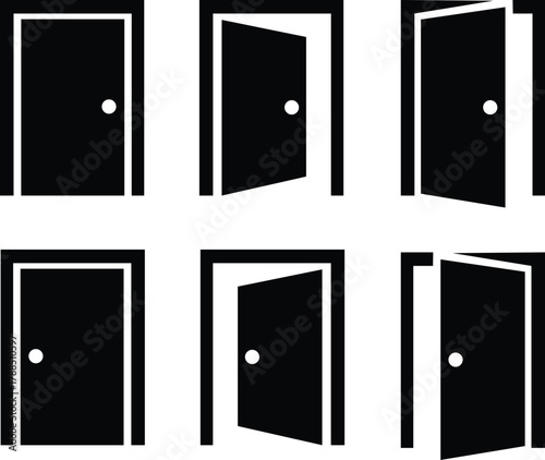 Door icons set. Open, close door. Doors collection. Opened entrance door set flat style - Vector Illustration !